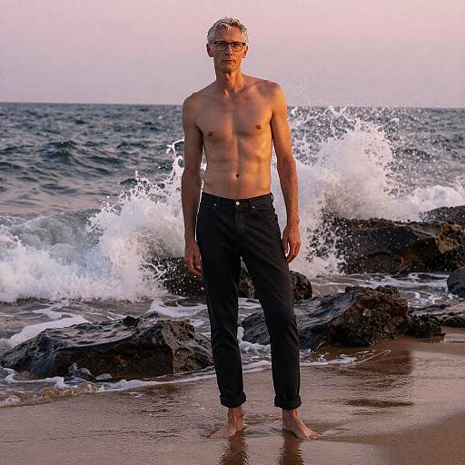 Shirtless, muscular man in black pants standing on rocky beach with splashing waves at sunset, wearing sunglasses. Photorealistic photograph.