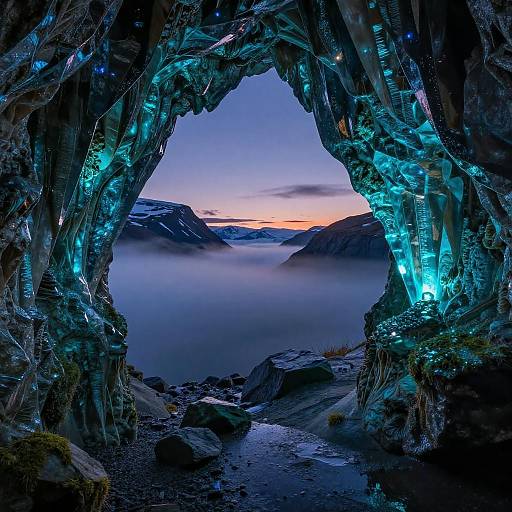 Photograph of a glowing, bioluminescent ice cave framing a misty mountain landscape at dusk, with vibrant blue lights illuminating jagged ice