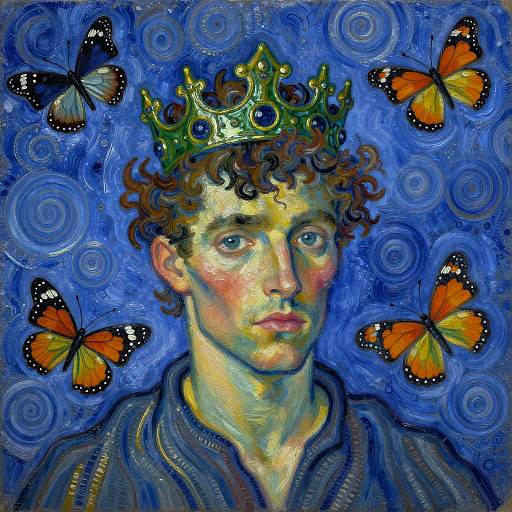 Vibrant portrait of curly-haired young man with golden crown, blue background, surrounded by orange-black butterflies, expressionless, painted in expressive, swirling