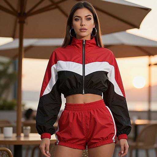 Photograph of a confident brunette woman with long hair, wearing a red and white track jacket, red shorts, and hoop earrings, standing outdoors at sunset