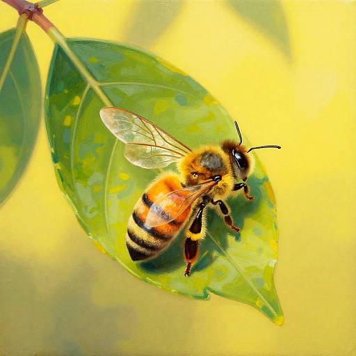 Sunlit Honeybee on Peach Leaf