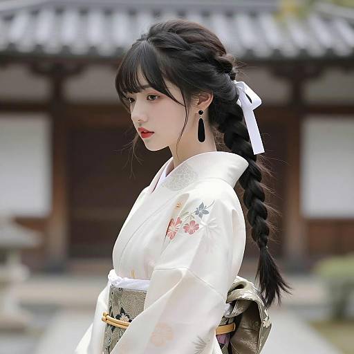 Young Woman in White Floral Kimono