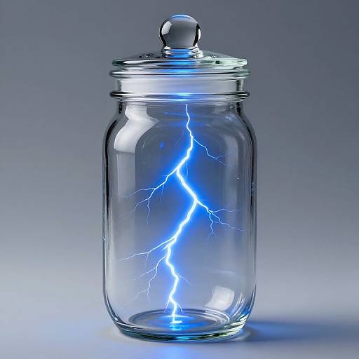 Photograph of a clear glass jar with a round lid, containing a vivid blue lightning bolt inside, against a gradient gray background.
