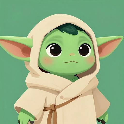 Digital illustration of a cute, green-skinned goblin with large black eyes, pink blush, and a white hooded robe, set against a solid