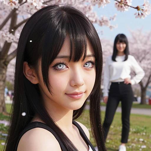 Photograph of an Asian woman with black hair, blue eyes, and fair skin, wearing a black top, standing in a park with cherry blossoms