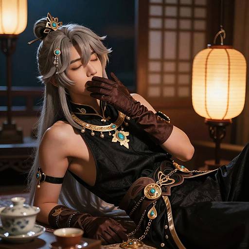 Aether Genshin Impact Cosplay in Lantern-lit Teahouse