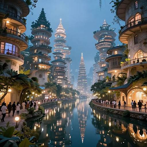 Ethereal Cityscape with Reflective River