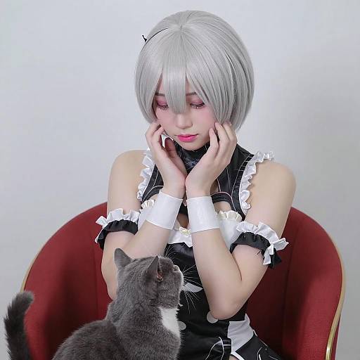 Anime Cosplayer with Silver Hair and Cat
