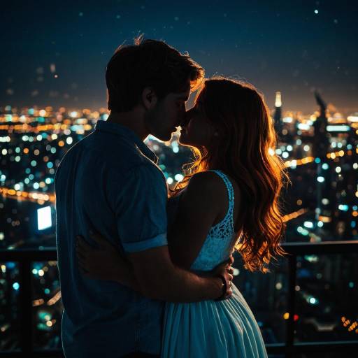 Romantic Couple Silhouette Against City Lights