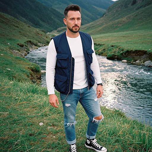 Man in Casual Outfit in Green Valley