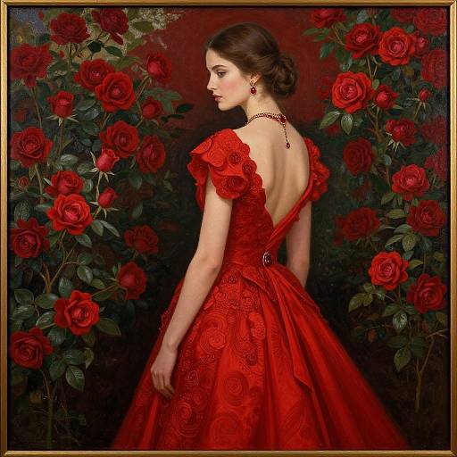 Elegant Woman in Red Rose Garden