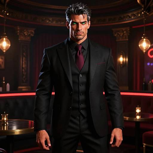 Photograph of a handsome man with dark hair, green eyes, and intense gaze, wearing a black suit and maroon tie, standing in a dim