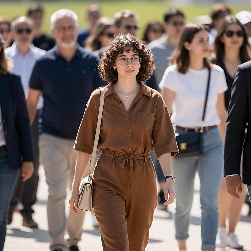 Curly-Haired Woman in Sunlit Crowd
