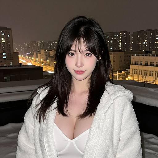 Photograph of an East Asian woman with long black hair, fair skin, and large breasts in a white, fuzzy coat, standing on a snowy rooftop