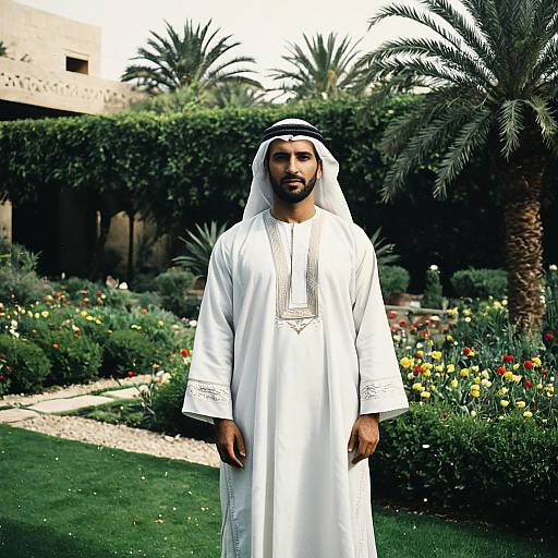 Photograph of a bearded Middle Eastern man in traditional white thobe and headscarf, standing in a lush garden with palm trees and colorful flowers