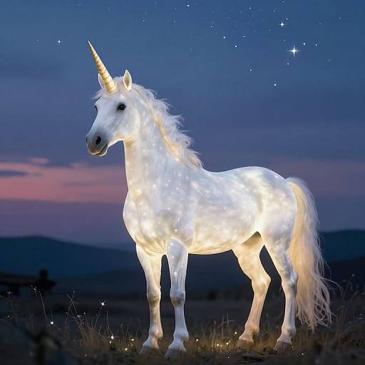 Photograph of a glowing white unicorn with a golden horn, illuminated against a twilight sky with stars and a pink-purple horizon.