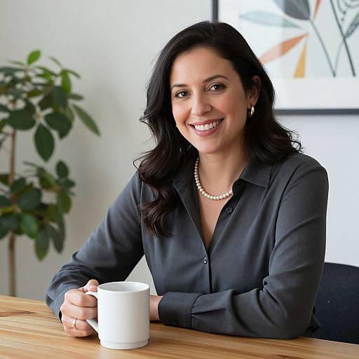 Photograph of a smiling woman with dark hair, wearing a black blouse and pearl necklace, holding a white mug at a wooden table. Background includes a