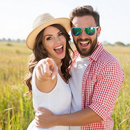 Photograph of a smiling couple in a sunlit field; woman in white top and straw hat, man in red checkered shirt, sunglasses, h