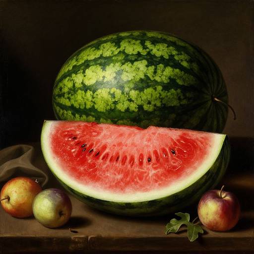 Photograph of a whole watermelon with vibrant green stripes, a halved slice revealing bright red flesh, and three apples on a dark wooden surface.
