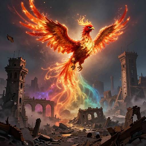 Surreal Phoenix Rising Over Ruins