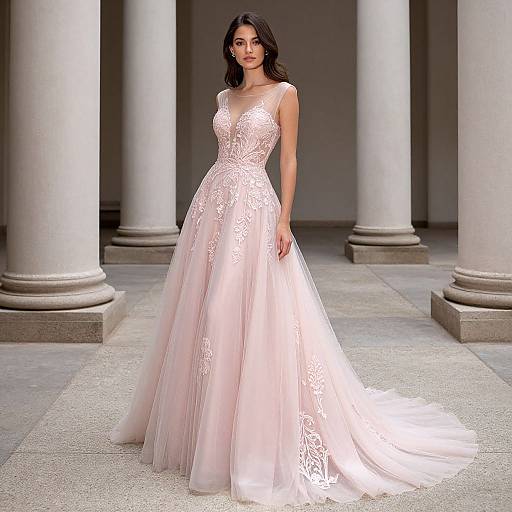 Photograph of a dark-haired woman in an elegant, sheer pink lace wedding gown, standing in a classical colonnade with white columns.