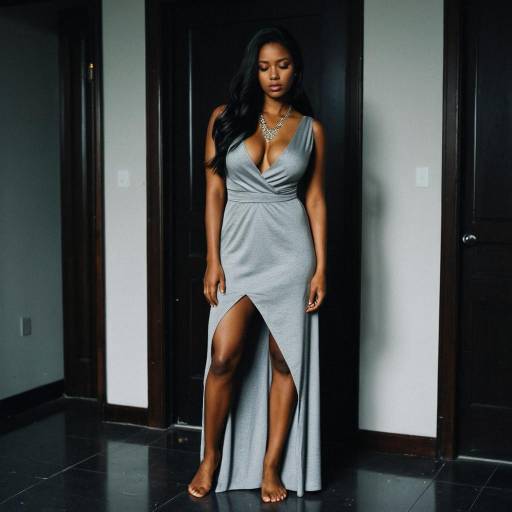 Dark-skinned woman in grey sleeveless dress