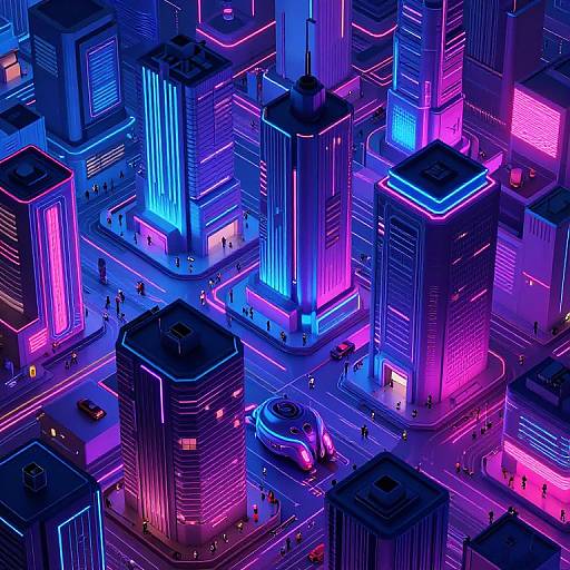 Neon-lit futuristic cityscape photograph: vibrant blue, pink, and purple lights illuminate towering skyscrapers, tiny pedestrians, and cars below,