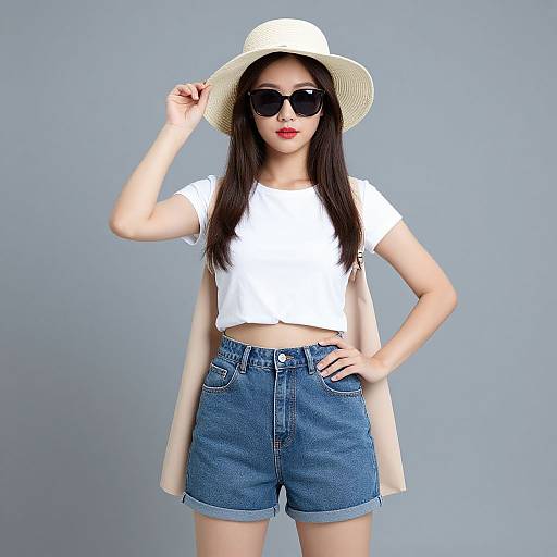 Photograph of an Asian woman with long black hair, wearing a white hat, black sunglasses, white crop top, blue denim shorts, and beige trench