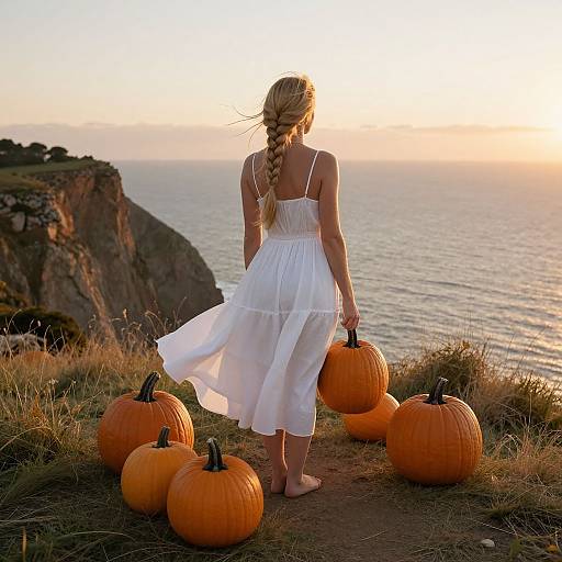 Photograph of a blonde woman in a white sundress with a braid, standing barefoot on a cliffside holding pumpkins, overlooking a sunset