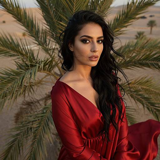 Photograph of a beautiful Middle Eastern woman with long black hair, wearing a deep red, V-neck dress, sitting against a palm tree in a desert