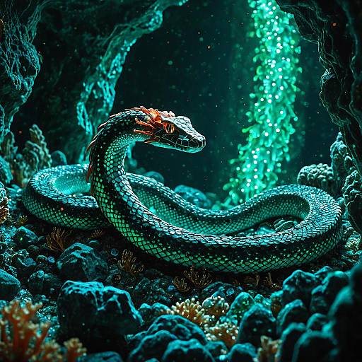 Bioluminescent Coral Serpent in Crystal Cave