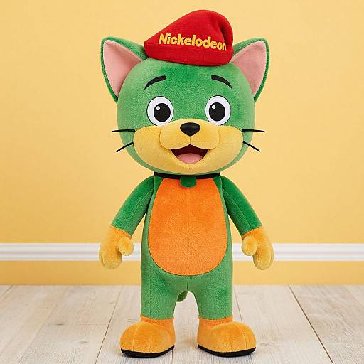 Photograph of a Nickelodeon green plush cat with orange belly, red 