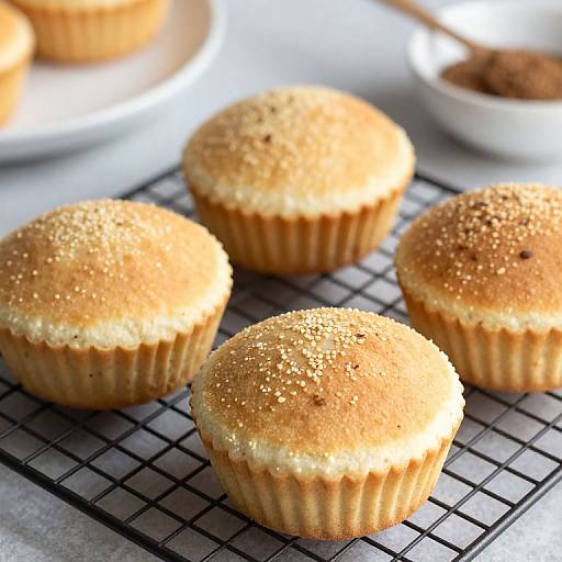 Photograph of five golden-brown muffins with a light dusting of sugar, cooling on a black wire rack, with a blurred white bowl in