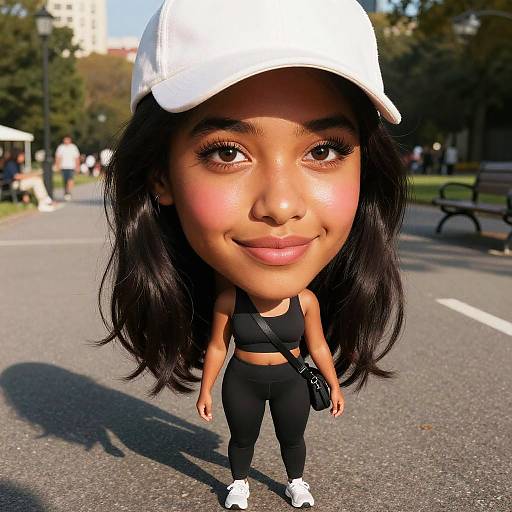 Photorealistic digital illustration of a cute, smiling, brown-skinned woman with long black hair, wearing a white cap, black sports bra, and