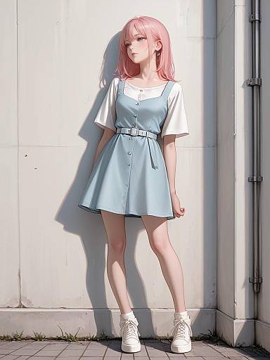 Digital anime-style drawing of a pink-haired girl in a light blue dress and white sneakers, standing against a sunlit white wall.