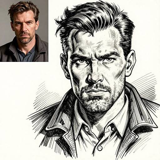 Black-and-white ink drawing of a serious, rugged man with short, tousled hair, matched by a photograph of the same man in a dark,