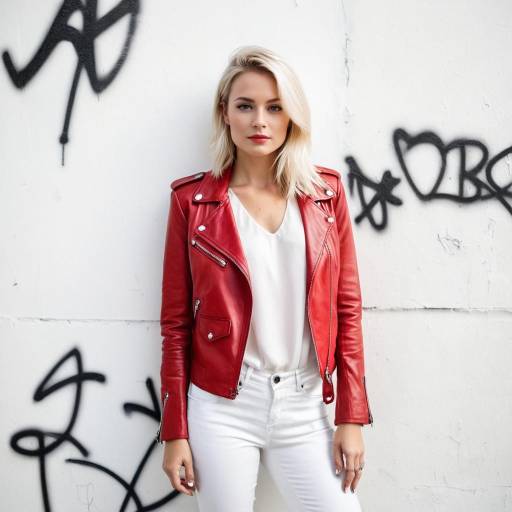 Blonde Woman in Red Leather Jacket Against Graffiti Wall