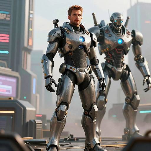 Futuristic Cyberpunk Warrior and Robot