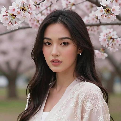 Photograph of an Asian woman with long black hair, wearing a white floral-patterned blouse, standing in front of blooming cherry blossoms. Soft