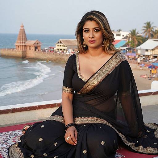 Photograph of a beautiful Indian woman with medium skin tone, wearing a black saree with gold embroidery, sitting on a beachfront terrace, ocean and