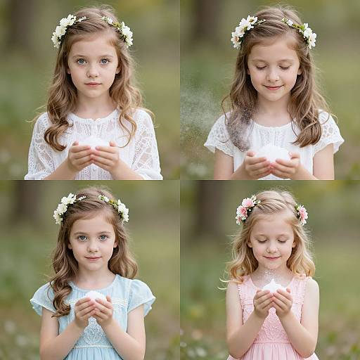 Photograph of a young girl with wavy brown hair, white flower crown, wearing white, light blue, and pink dresses, gently holding small white