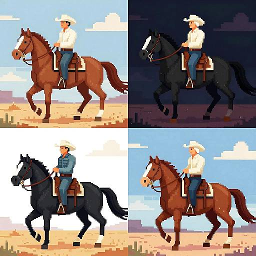 Pixel art collage of four cowboy scenes: two brown horses and two black horses, riders in white hats and shirts, day and night backgrounds.