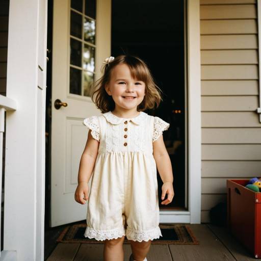 Smiling Toddler Girl in Cream Romper on Porch
