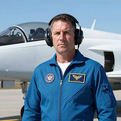 Pilot in Blue Flight Suit by Jet