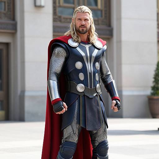 Photograph of a muscular man with long blonde hair, beard, and intense expression, wearing silver armor, black chest plate, red cape, standing in