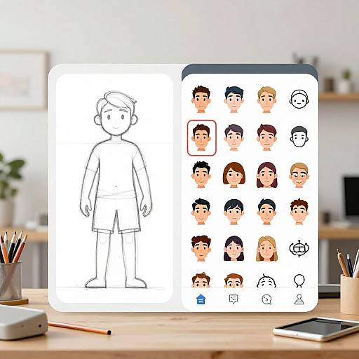 Photograph of a tablet with a partially colored children's drawing of a boy, surrounded by headshots and facial expressions. Background includes a blurred office setting