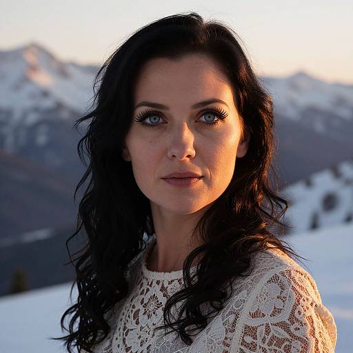 Photograph of a fair-skinned woman with long, wavy black hair, wearing a white lace top, against a snowy mountain background at sunset.