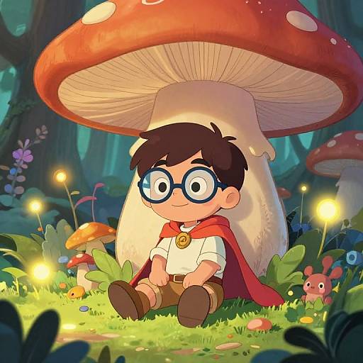 Cute cartoon boy with glasses, red cape, and brown shoes sits under giant mushroom in enchanted forest, surrounded by glowing fireflies.