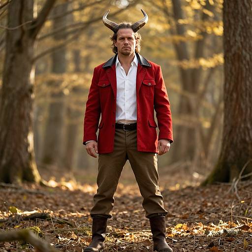 Photograph of a man with horned headpiece, red coat, white shirt, brown pants, and black boots standing in a sunlit autumn forest