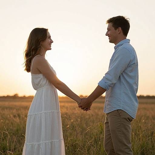 Photograph of a smiling couple holding hands in a sunlit field at sunset, with the woman in a white, sleeveless dress and the man in